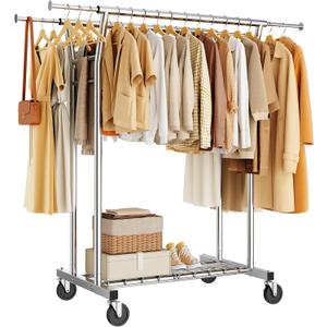 HYSEYY Heavy Duty Clothes Rack, Rolling Clothing Rack for Hanging Clothes with Shelves Load 700LBS,Portable Garment Wardrobe Closet Rack with Wheels for Bedroom,Laundry Room,Retail Store,Silver