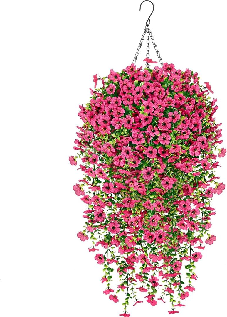 Artificial Hanging Flowers for Outdoors, Fake Hanging Plants with Baskets, UV Resistant Silk Faux Flowers for Outdoor Planters for Home Patio Porch Decor Spring Summer Outside Decoration, Rose Red Artificial Hanging Flowers for Outdoors, Fake Hanging Plants with Baskets, UV Resistant Silk Faux Flowers for Outdoor Planters for Home Patio Porch Decor Spring Summer Outside Decoration, Rose Red