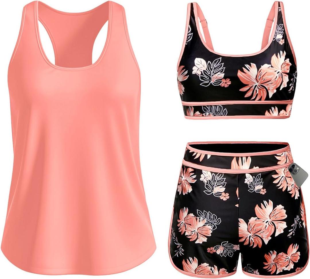 Daci Women 3 Piece Tankini Swimsuits - Tummy Control Bathing Suit Sport Bra Modest 2 Pockets Boyshorts 2026 Large, Orange Floral