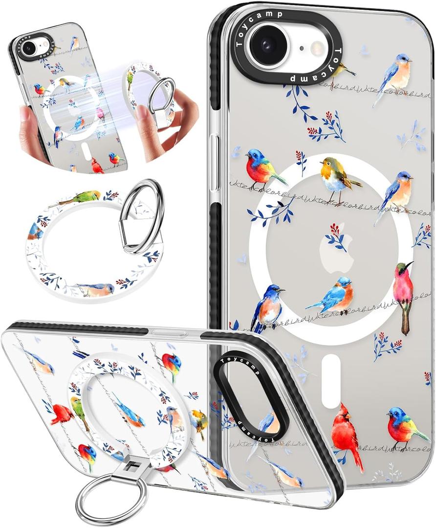 Toycamp for iPhone 17e/16e Case Compatible with Magsafe - Cute Design 360 Magnetic Ring Holder Stand Kickstand Funny Watercolor Bird Girly Pretty Fashion TPU Phone Covers for Women Tenn Girls