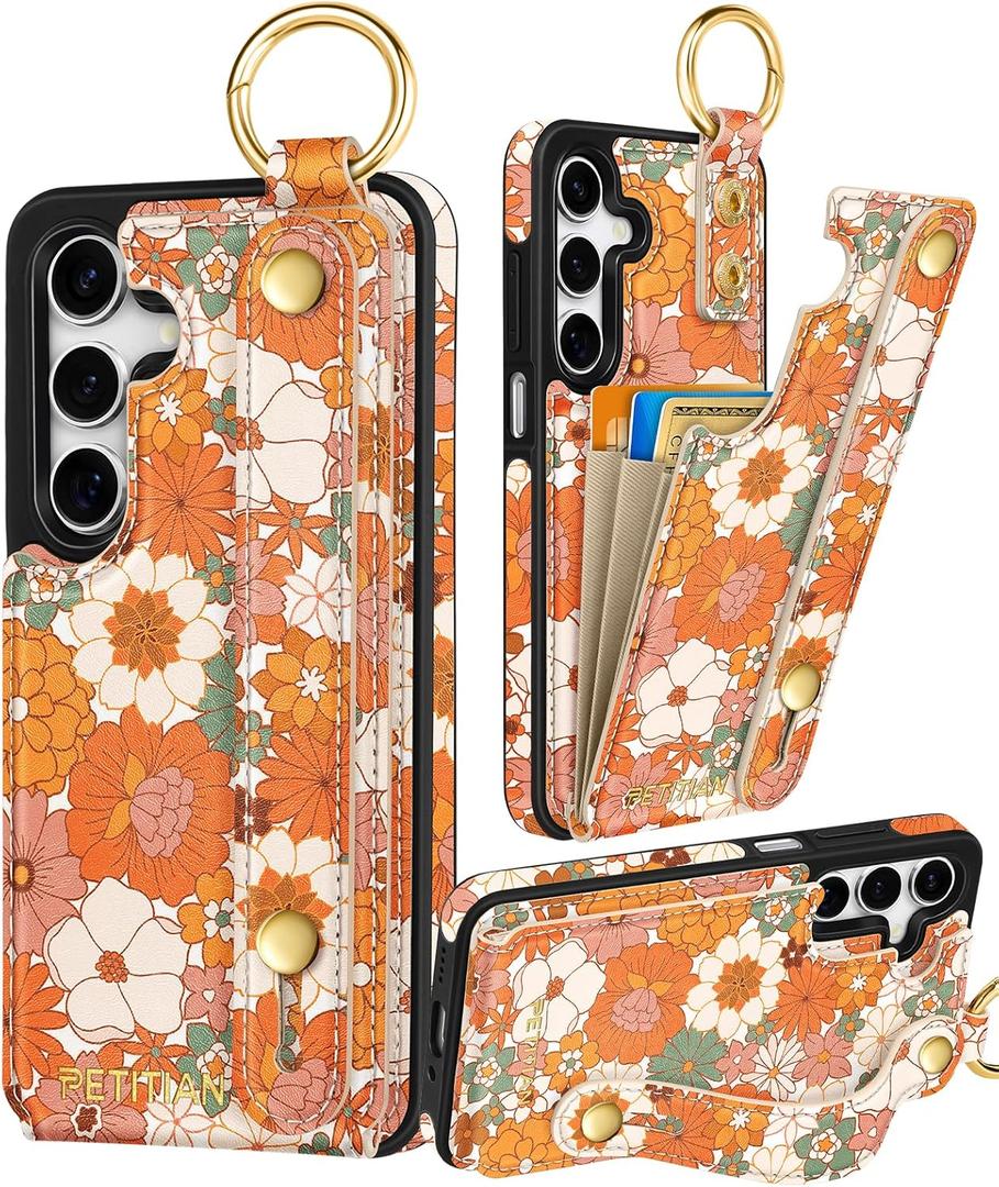 Petitian for Samsung Galaxy A16 5G Case with Wallet - Women Girls Cute Girly Aesthetic Unique Design Leather Credit Card Holder Cardholder Stand Wristband for Galaxy A16 5G, Orange Floral