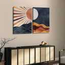2Pcs Boho Sun and Moon Canvas Wall Art Painting Abstract Mountains Poster Prints Sun and Moon Pictures Medieval Modern Wall Decor for Living Room Bedroom 12x16in Framed