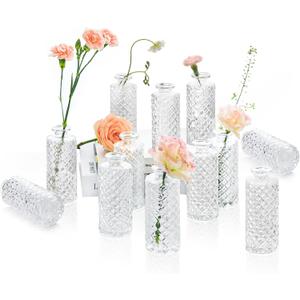 ComSaf Glass Bud Vases Set of 12, Small Diamond Bud Vases in Bulk, Mini Flowers Vases for Centerpieces, Vintage Bottle for Table Decorations, Wedding Decor, Recepetion, Home, (Clear)
