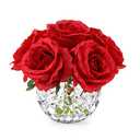Rubystory 7 Large Stem Rose Red Artificial Flowers in Vase, Silk Flowers Arrangement in Round Glass Vase Without Water for Home Decor, Wedding Table (Red)