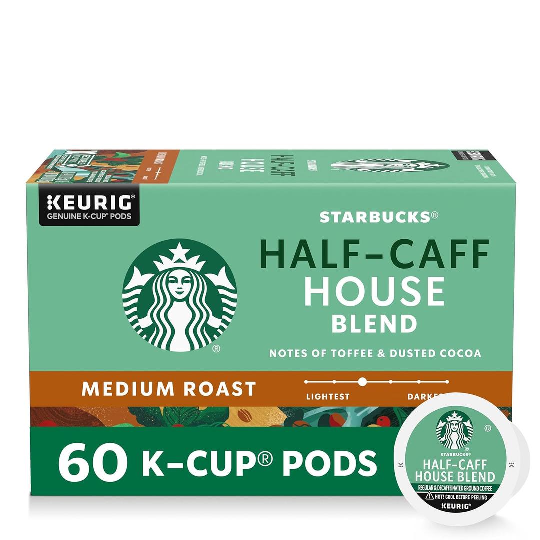 Starbucks K-Cup Coffee Pods, Medium Roast Hot or Iced Coffee, Half-Caff House Blend, 60 Keurig Pods (EXP 02/25/27)