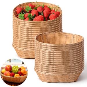 24 Pack Plastic Oval Baskets, Woven Bread and Fruit Baskets for Serving, Food Storage Basket for Kitchen Restaurant Display Decor, Brown