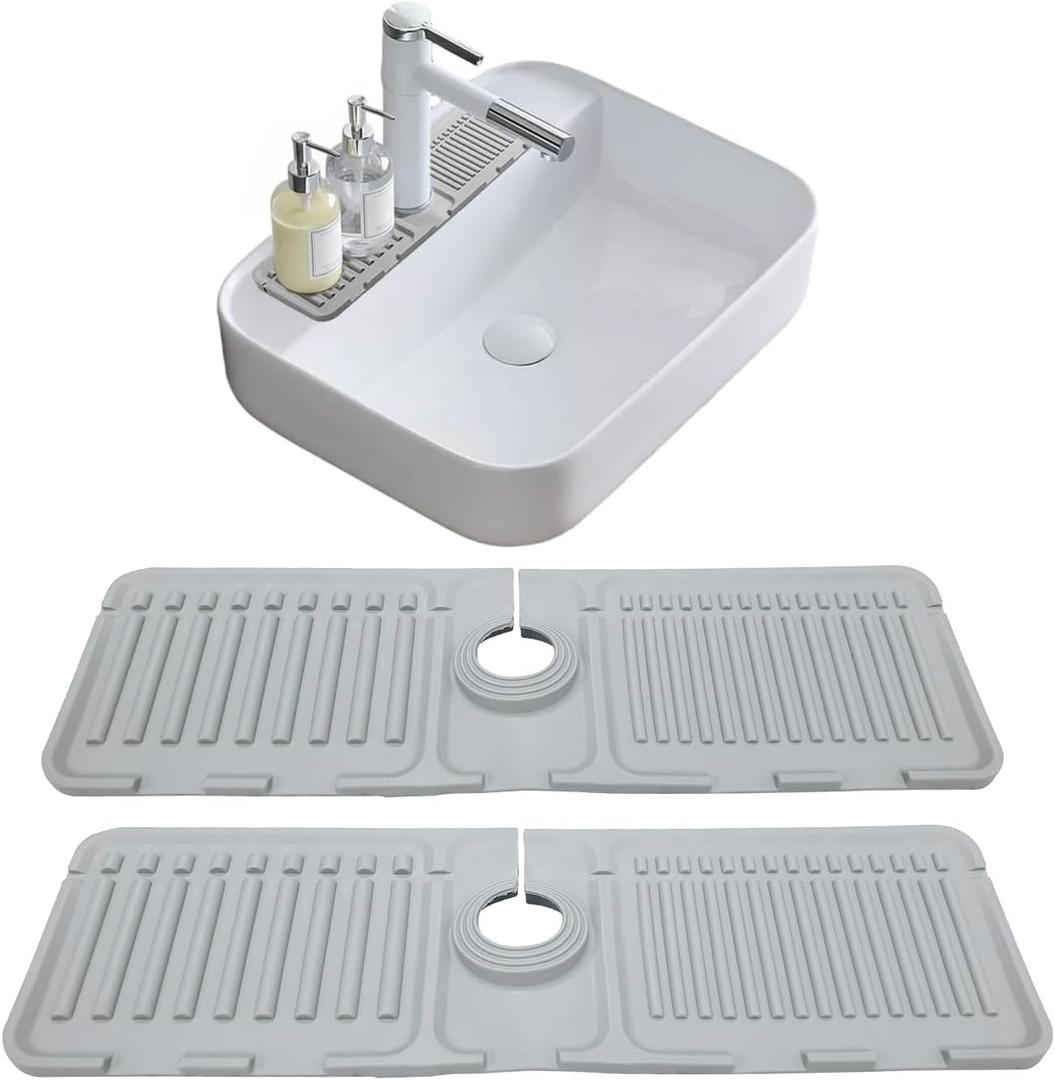 Kitchen Sink Faucet Mat, 2 Pack Silicone Splash Guard and Drip Catcher Tray, Sink Organizer, Sponge Holder & Drying Mat for Countertop (Grey)