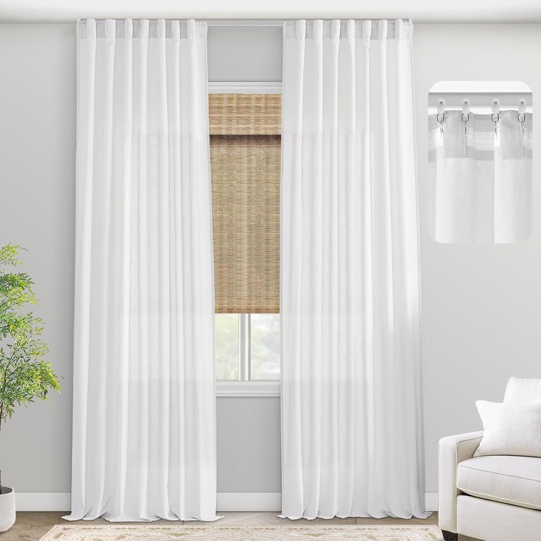 100 Inch Linen Cotton Blend Semi Sheer Curtains, White Light Filtering Rod Pocket Back Tab Drapes with Hooks for Living Room Bedroom, 2 Panels Set, 52'' W x 100'' L
