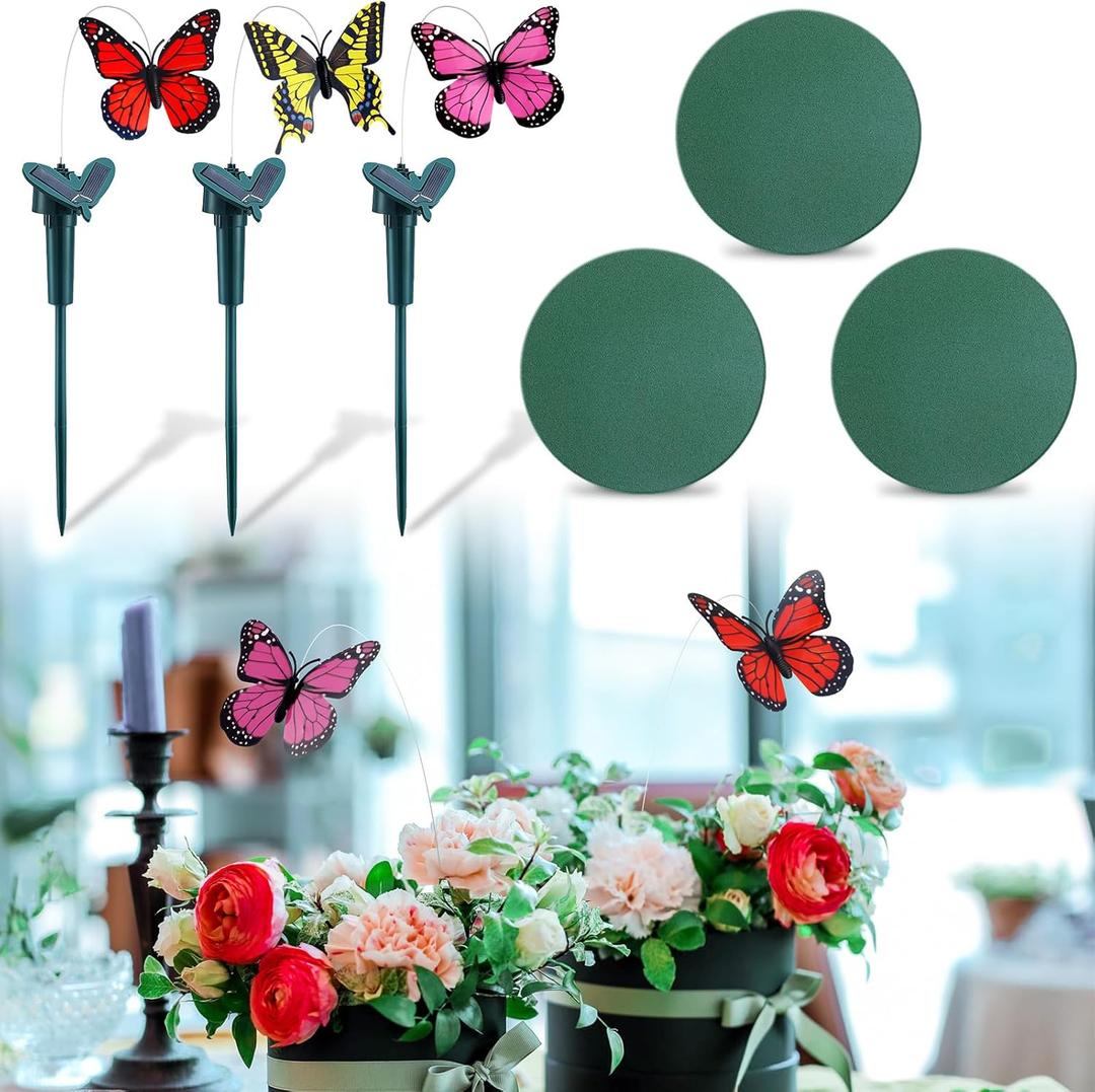 3 Pcs Solar Flying Butterflies for Centerpieces Round Floral Foam Block Set Butterfly Baby Shower Decorations for Wedding Birthday Tea Party Table Fluttering Butterfly Stake Decor