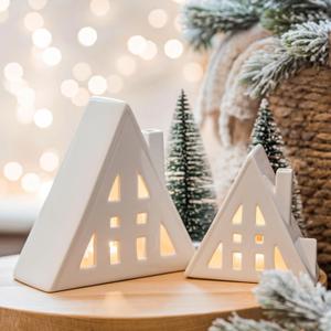 2 Set Ceramic White Christmas Village Houses Set 8 Inch and 5 Inch Christmas Village Houses with LED Light Desktop Ornaments Xmas Holiday Farmhouse Rustic Decor for Home Table Room