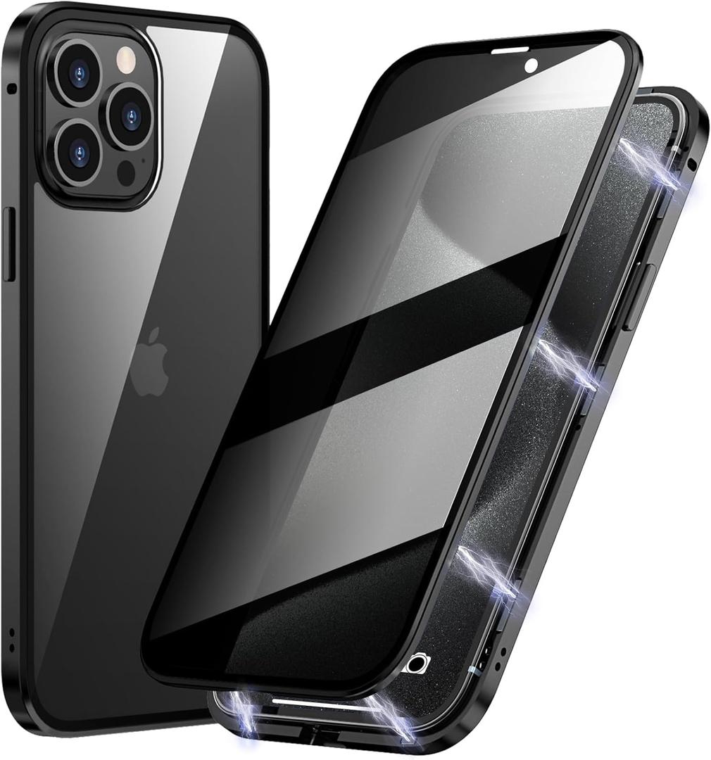 Magnetic Titanium for iPhone 15 Pro Max Privacy Case, Anti peep Magnetic Adsorption Double Sided Tempered Glass Full Body Case, Privacy Screen Protector Metal Frame Clear Back Phone Case for Men Women