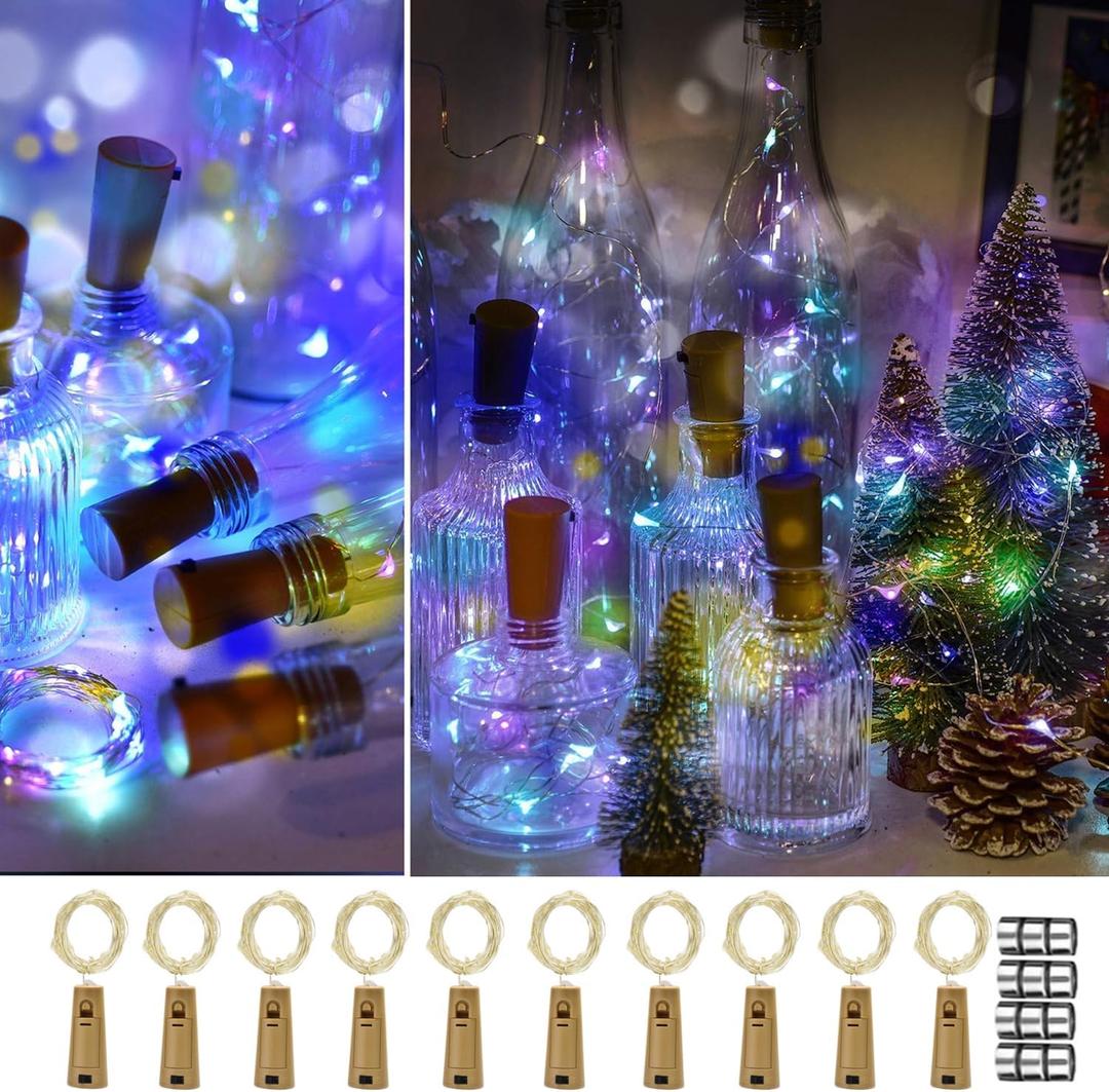Bottle Lights with Cork, 10 Pack with 12 Replacement Batteries Mini Fairy String Lights Battery Operated, Party Decoration for Wedding Christmas Halloween Bar Mason Jar - Colored