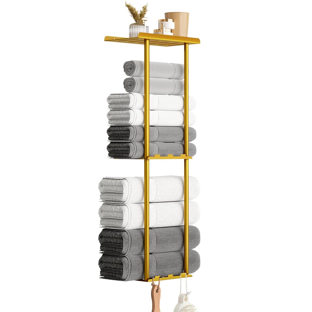 Towel Racks for Bathroom, 36.6 inch Metal Towel Storage, 8 Large Bath Towels Capacity, 3-Tier Towel Holder for Bathroom, with Shelf & 6 Hooks, Wall Mounted Towel Rack for Rolled Towels, Gold