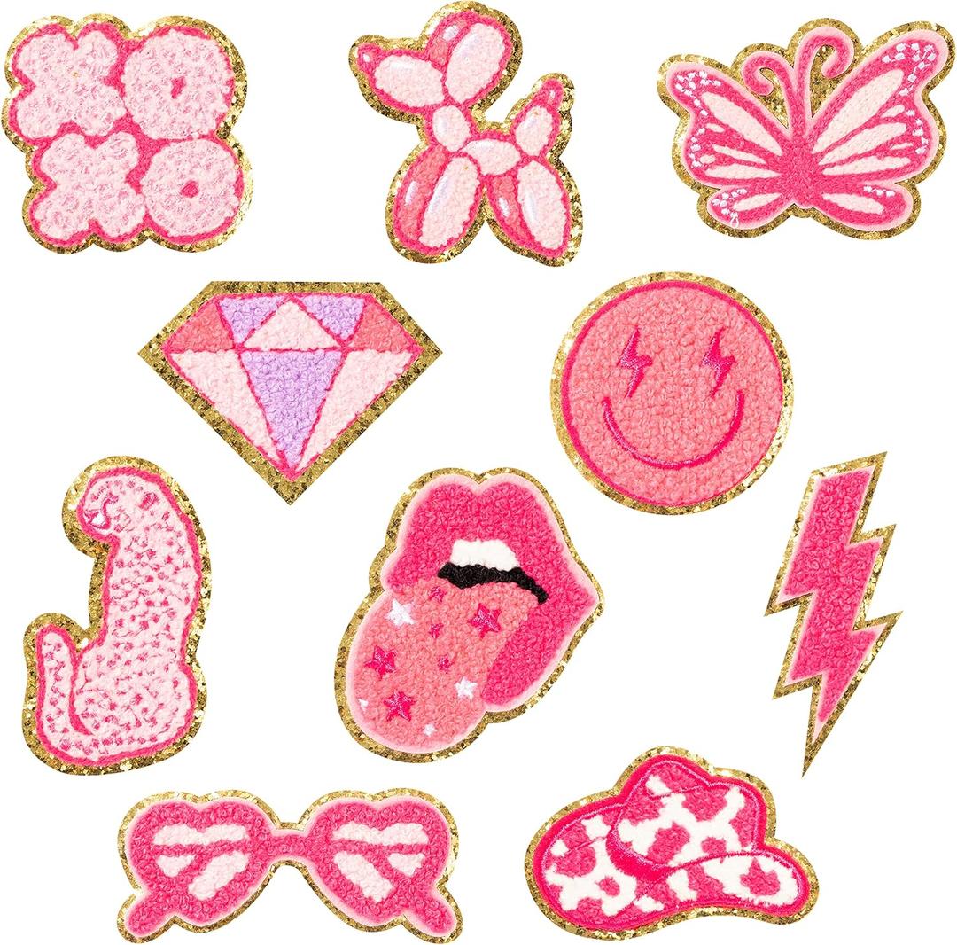 10Pcs Pink Preppy Iron on Patches for Girls Y2K Chenille Embroidered Repair Patch Hanging Lip Lightning Bolt Leopard Face DIY Accessories Sew on Applique for Backpack Clothes Hats Dress Jackets Jeans