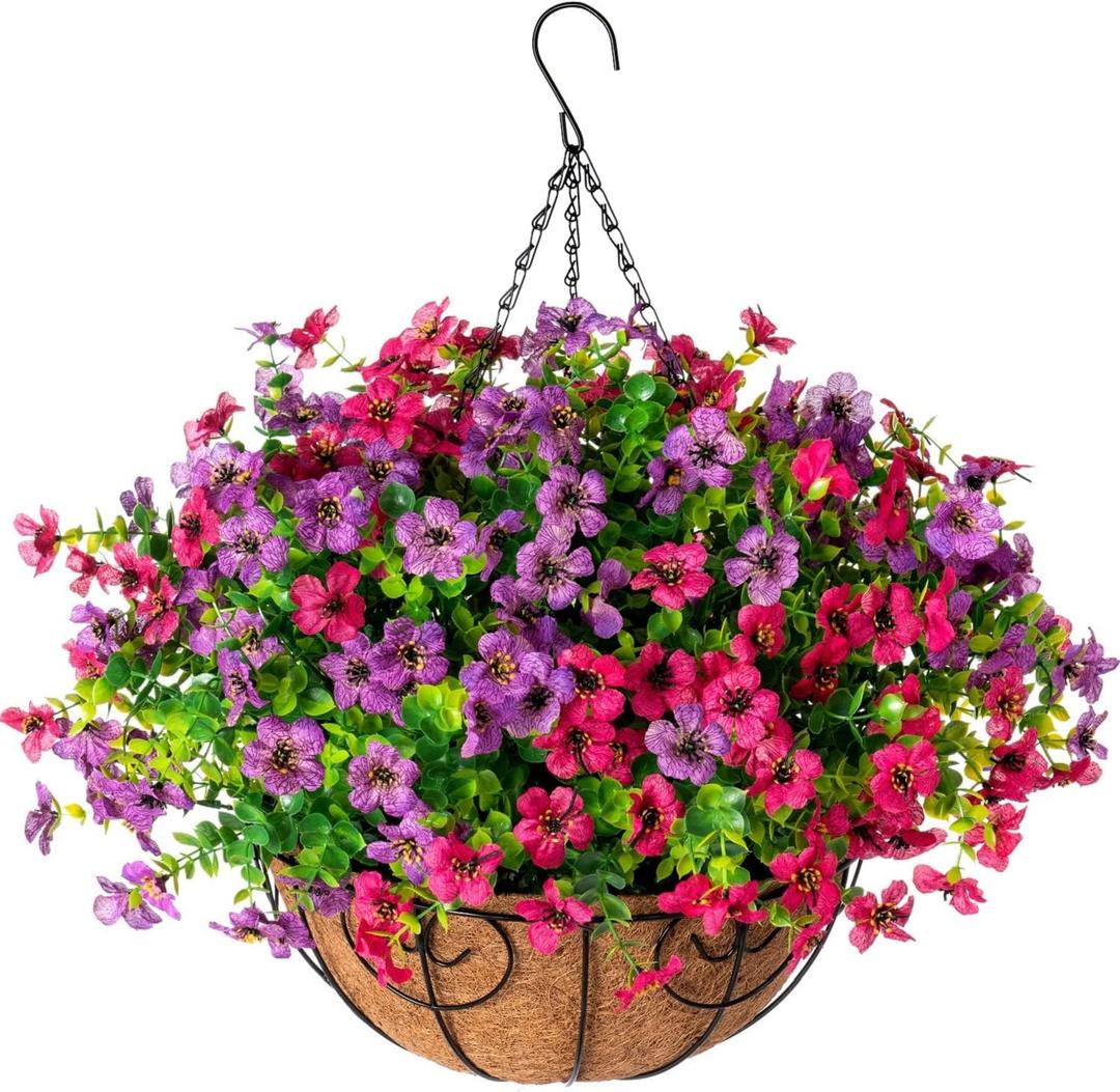 HyeFlora Artificial Faux Hanging Plants Flowers Basket for Spring Summer Outdoor Outside Decoration, Fake Silk Colorful Daisy Eucalyptus in Planter UV Resistant Realistic for Porch Patio Balcony Yard (Purple Pink)