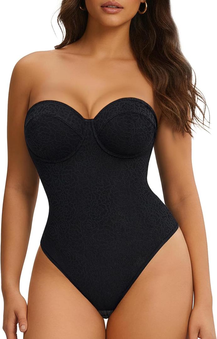 Nebility Strapless Shapewear Bodysuit for Women - Thong Body Suits Tummy Control Body Shaper Underwire Lace Corset Tube Top (X-Large, Black)