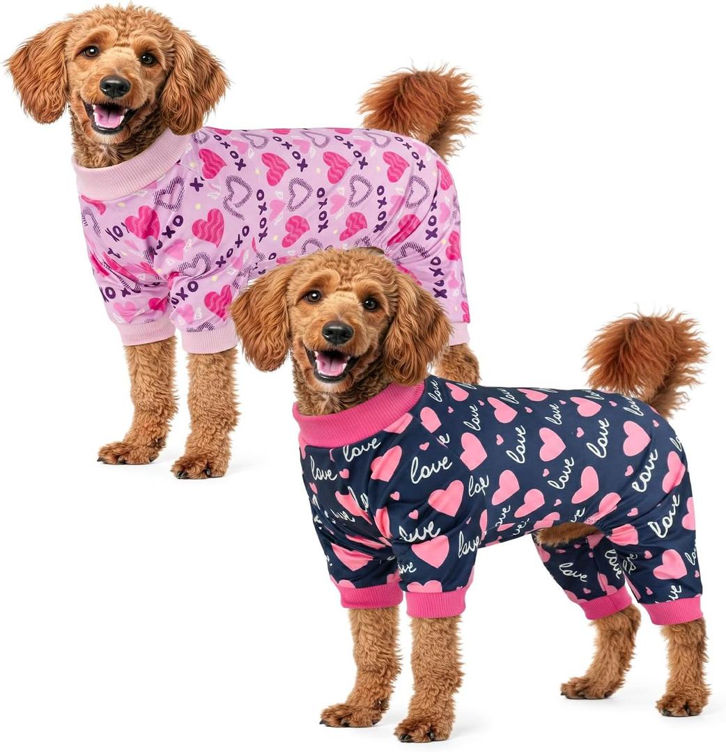 Vehomy 2-Pack Dog Valentines Pajamas Valentine's Day Dog Costume Outfit with Love Heart Patterns Pet Valentines Onesie Jumpsuits Sweet Heart Clothes Jammies for Medium Large Dogs L