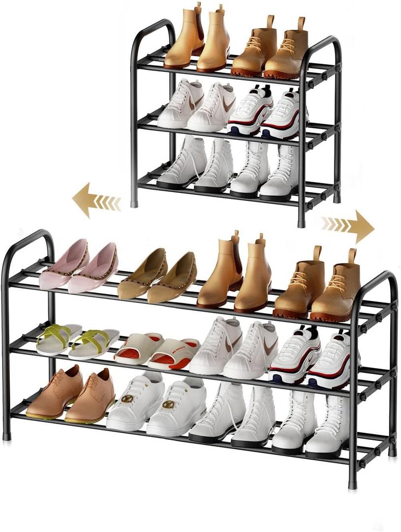 EveClap 3-Tier Expandable Shoe Rack, 17″-31″ Adjustable ShoeRack for Closet, Shoe Organizer, Suitable for Small Spaces, Small Front Door Wardrobe Shoe Stand, Sturdy Metal (Black)