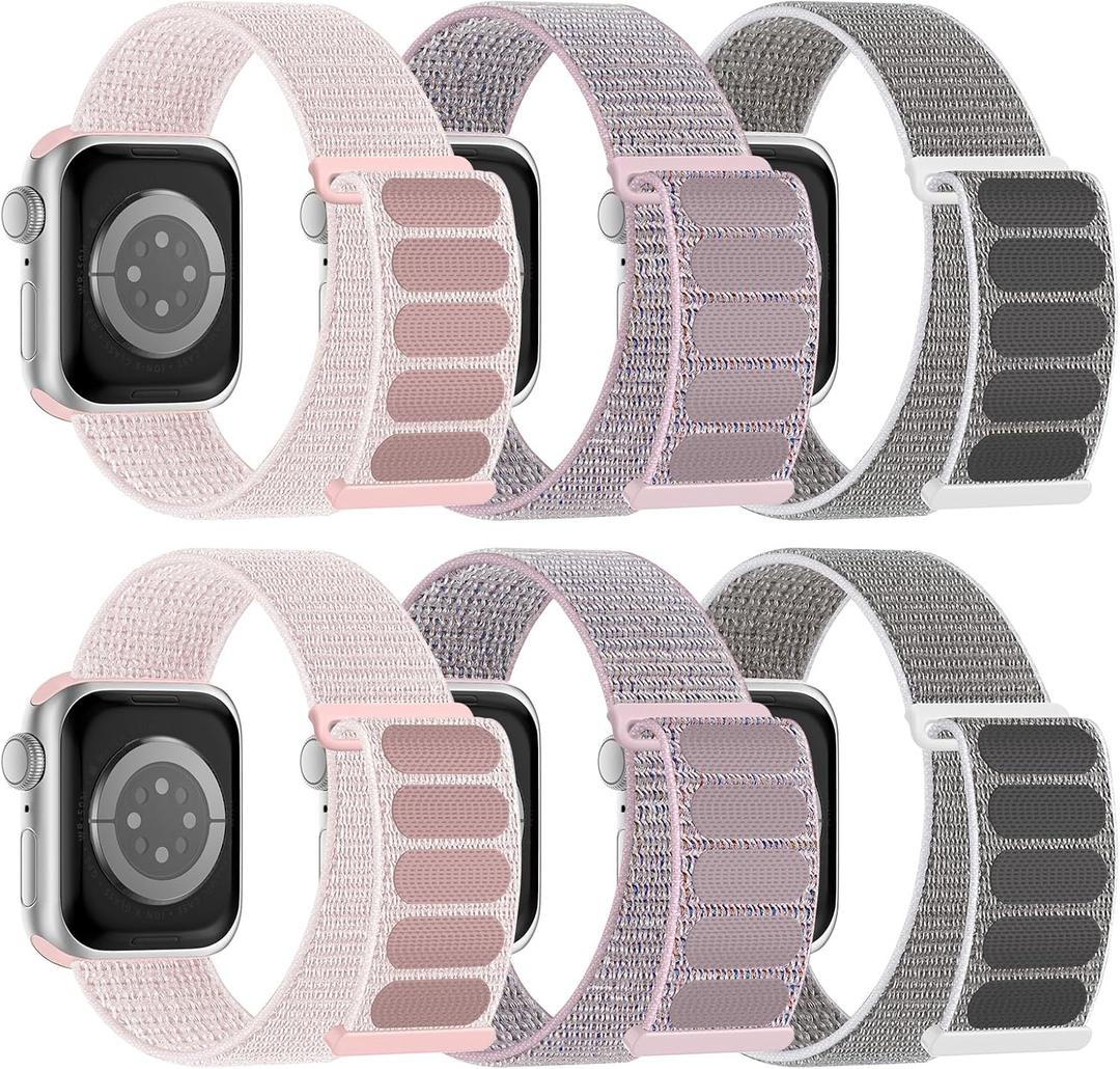 6 Pack Sport Nylon Loop Band Compatible with Apple Watch Band 38mm 40mm 41mm 42mm 44mm 45mm 46mm 49mm for Women Men, Adjustable Breathable Braided Straps for iWatch Series 11/10/9/8/7/6/5/4/3/SE/Ultra (Pink Sand/Pink Sand/Pearl Pink/Pearl Pink/Sea Shell/Sea Shell)