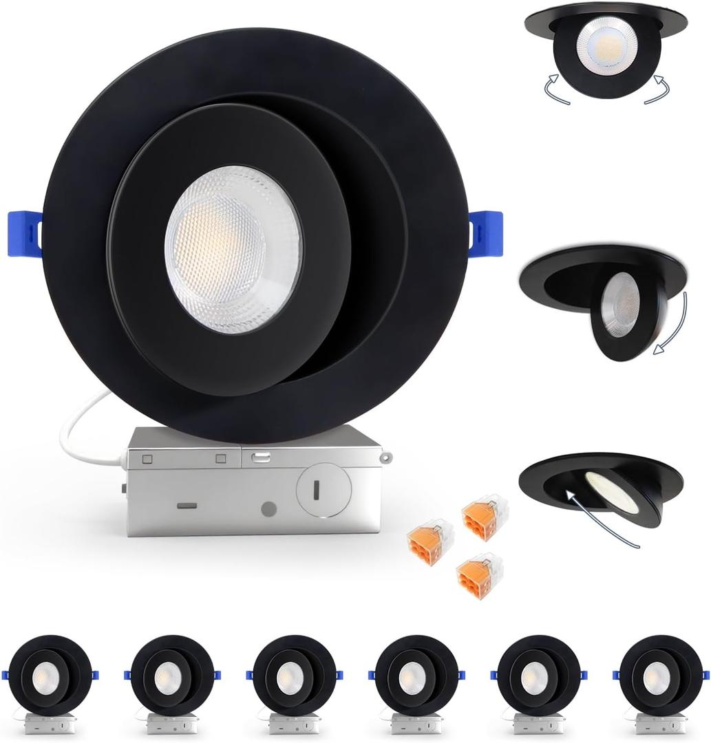 Aosclex 6 Inch 5CCT Gimbal LED Recessed Lighting with Jbox, 360+90 Adjustable Directional Downlight, Dimmable Eyeball Canless Recessed Lights, 2700K-5000K Selectable, 15W 1700LM, ETL (Black, 6 Pack)