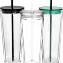 Suertestarry 24 oz Clear Tumblers with Lid and Straw, 3 Pack Plastic Tumblers, Reusable Double Wall Insulated Cups for Travel,Parties, Birthdays,Gifts(3, Transparent+Black+Green)