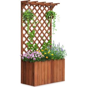 Quictent Raised Garden Bed Wood Planter Box with Lattice Trellis for Vine Climbing Plants Flower Free-Standing, for Patio Garden Indoor Outdoor 25x12x48 in (Brown)