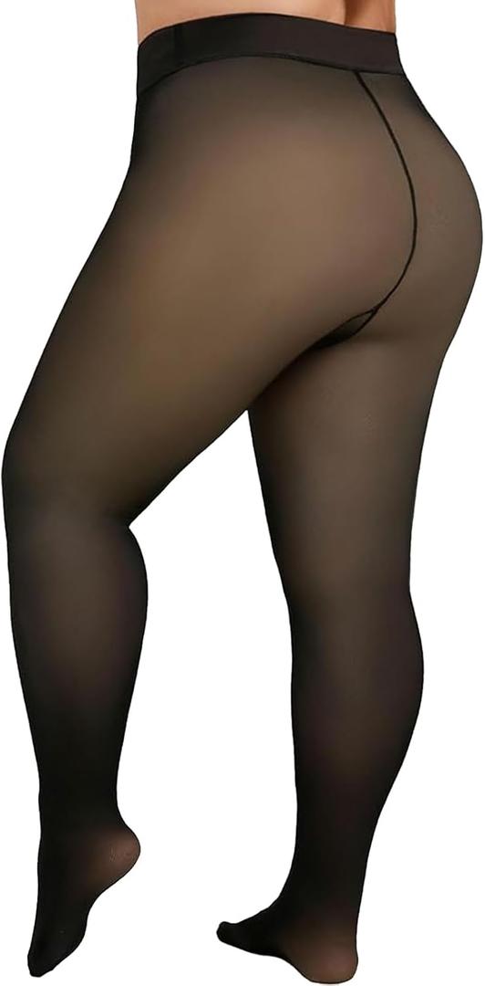 Delcast Plus Size Fleece Lined Tights Women - Fake Translucent Sheer Warm Thermal Pantyhose Leggings for Winter