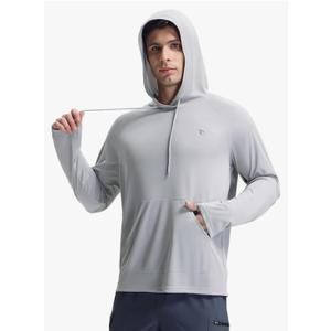 baleaf Swim Shirts Men Rash Guard Long Sleeve Sun Protection Hoodie UV Lightweight Athletic Running with Kangaroo Pocket Light Gray S