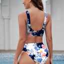 Pink Queen Women High Waisted Bikini Sporty Crop Top High Cut Bathing Suit Sporty 2 Piece Swimsuits Floral Navy 2XL