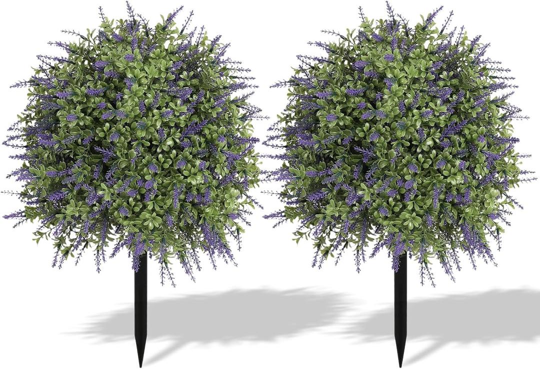2pcs Artificial Topiary Boxwood Ball with Lavender, UV Resistant Fake Plant Shrub Bushes Tree with Ground Spike for Outdoor Indoor Planter Front Porch Garden (Purple)