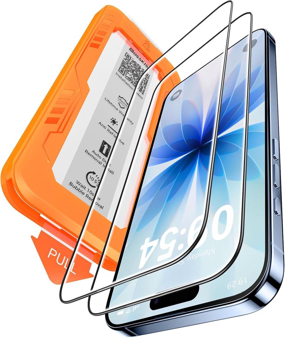 BossKiss for iPhone 17 Screen Protector 6.3 inch, [TOP 9H+ Hardness] [Military Grade Shatter Protection] [Sensitive Touch] [Easy Installation] [HD Clear] Full Coverage Tempered Glass 2 Pack