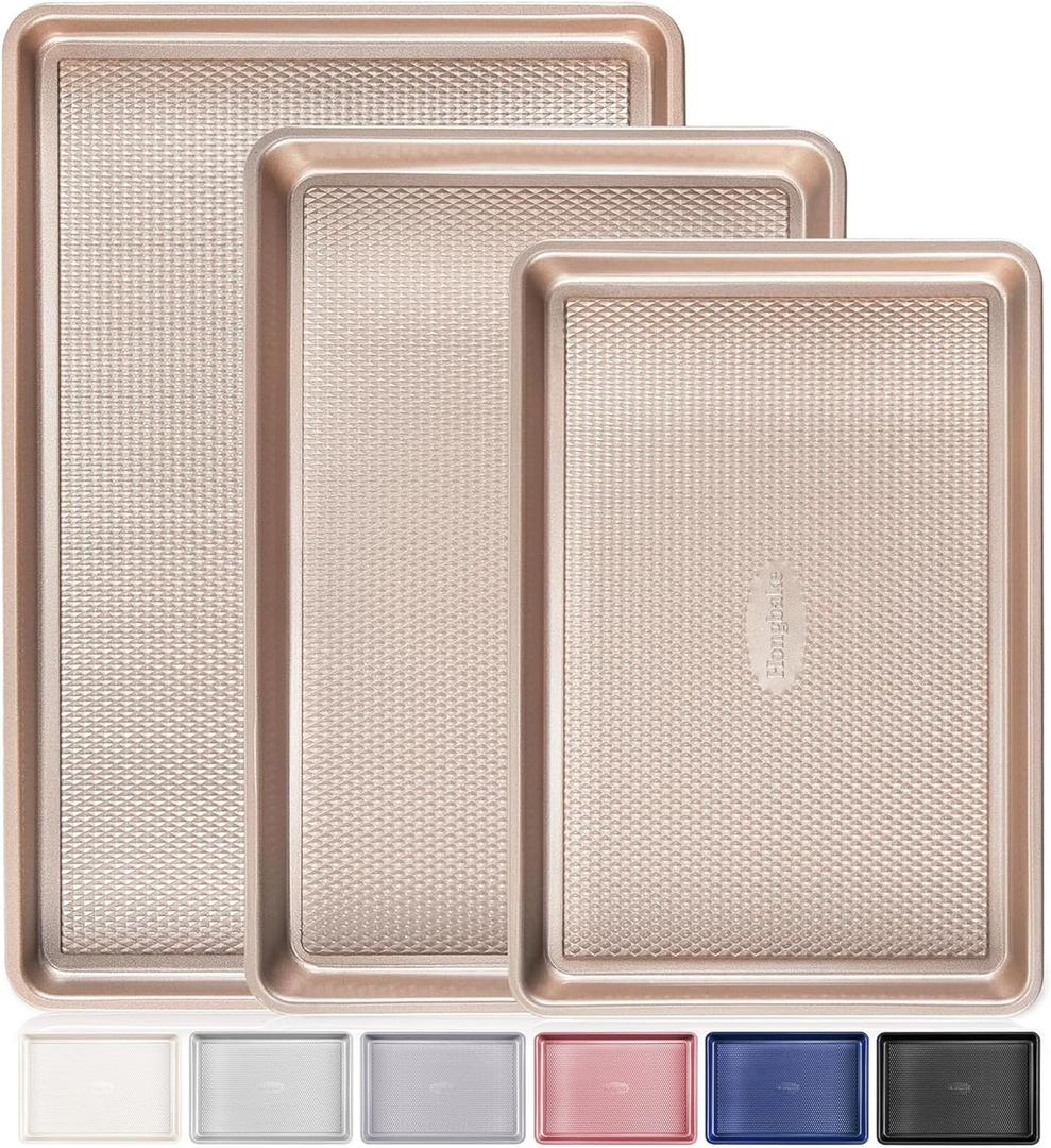 HONGBAKE 3-Piece Baking Sheet Pan Set, Durable Nonstick Cookie Trays, Textured Aluminum Steel, Ceramic Coati