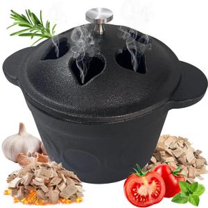 BOLVOUD Cast Iron Smoker Roaster & Garlic Roaster Baker, Pre-Seasoned Dutch Oven, Gourmet Herb Garlic Roaster for Grill Oven, Triple Moon Cast Iron Cauldron with Lid, Wood Chip Smoker Box BBQ Grill