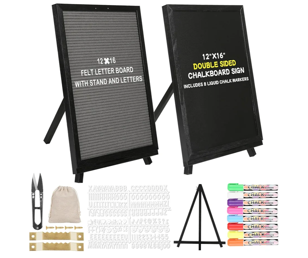 12x16 inch Double Sided Chalkboard and Felt Letter Board with Stand - Reversible Wooden Frame Easel for Menu, Announcements, Home, Office, Cafe, Restaurant Decor