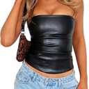 PU Faux Leather Tube Top Strapless Going Out Tops for Women Sexy Club Top Rave Concert Outfit Ruched Bandeau Crop Top (Black, Size XS)