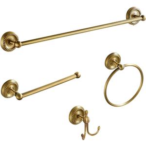 4 Piece Antique Brass Gold Bathroom Accessories Set - 24 Towel Holder, Antique Bar Brass Bath Accessories - Wall Mounted Bathroom Hardware Accessory Set (4 Pack Single)