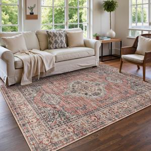 Lahome Oriental Washable Rugs 5x7, Soft 5x7 Rug for Bedroom Living Room, Ultra-Thin Non Slip Stain Resistant Vintage Throw Carpet for Dining Room Office, Peach/Orange (5'x7', Terracotta)