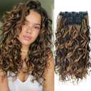 Curly Hair Extensions,LEOSA 4PCS 16 inch Clip in Hair Extensions Short Soft Natural Hairpiece Lace Weft Curly Wave Clip Ins Extensions Invisible for Women,Chocolate Brown with Honey Blonde