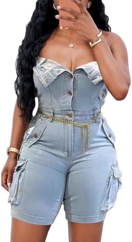 LKOUS Women's Sexy Denim Short Jumpsuit,Summer Cargo Casual Sleeveless Slim Fit Off Shoulder Rompers with Pockets, XXL LKOUS Women's Sexy Denim Short Jumpsuit,Summer Cargo Casual Sleeveless Slim Fit Off Shoulder Rompers with Pockets, XXL