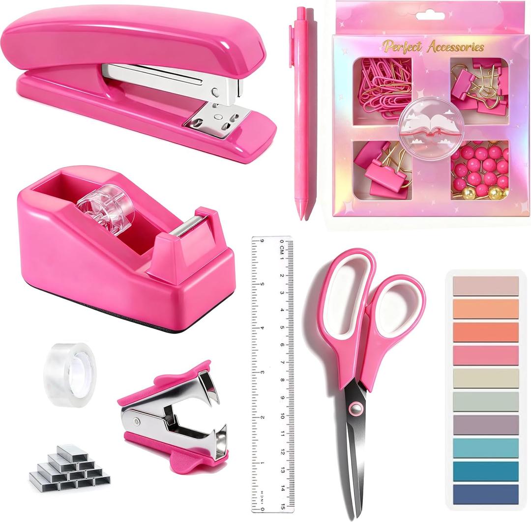 Hot Pink Desk Accessories, Hot Pink Office Supplies Accessories with Tape Dispenser, Stapler, Staple Remover, 1000 Staples, Tape, Clips Set, Ruler, Scissor, Pen