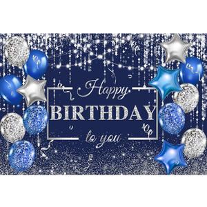 12x10ft Blue Happy Birthday Backdrop Silver Glitter Spots Balloons Photography Background Adults Women Men Boys Girls Birthday Party Decorations Banner Supplies Photo Studio Booth