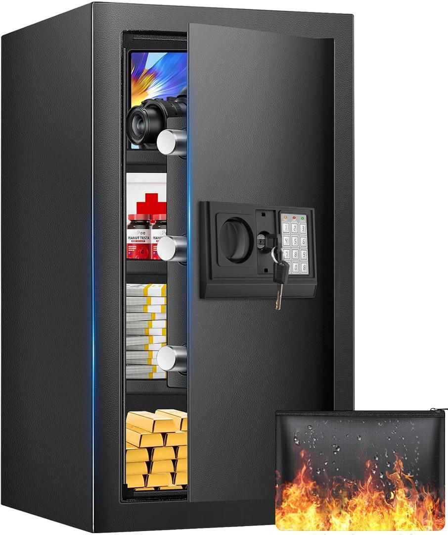 23.62 inches Tall Safe Box, 4.4 Cuft Home Safe with Fireproof Waterproof Bag, Anti-Theft Digital Security Lock Box with Smart Alert System, Removable Shelf, Mute Function, Document Safes for Jewelry