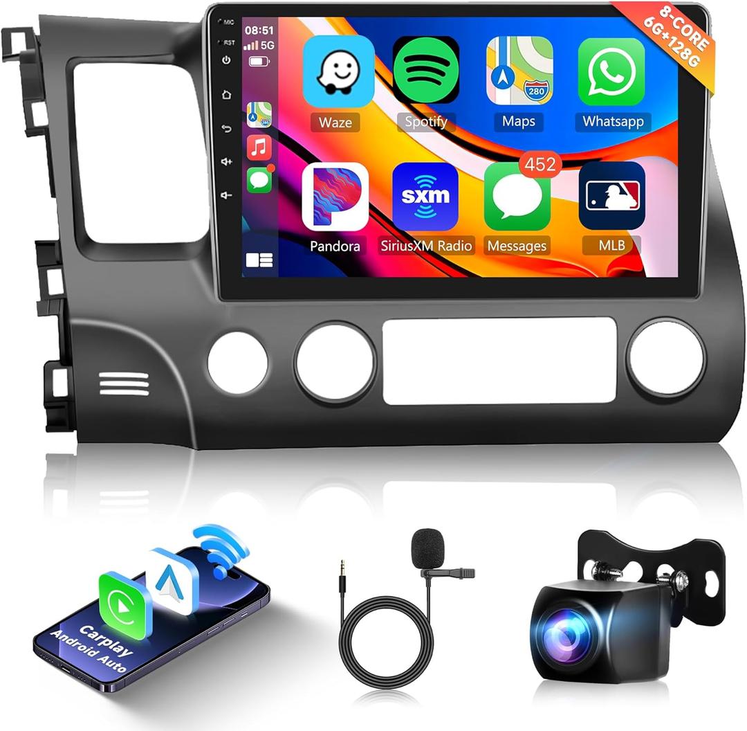 8 Core 6G+128G Android Car Radio Stereo for Honda Civic 2006-2011 with Carplay Android Auto, 10.1'' Touch Screen Head Unit with GPS Navigation Mirror Link Bluetooth SWC FM/RDS WiFi Backup Camera