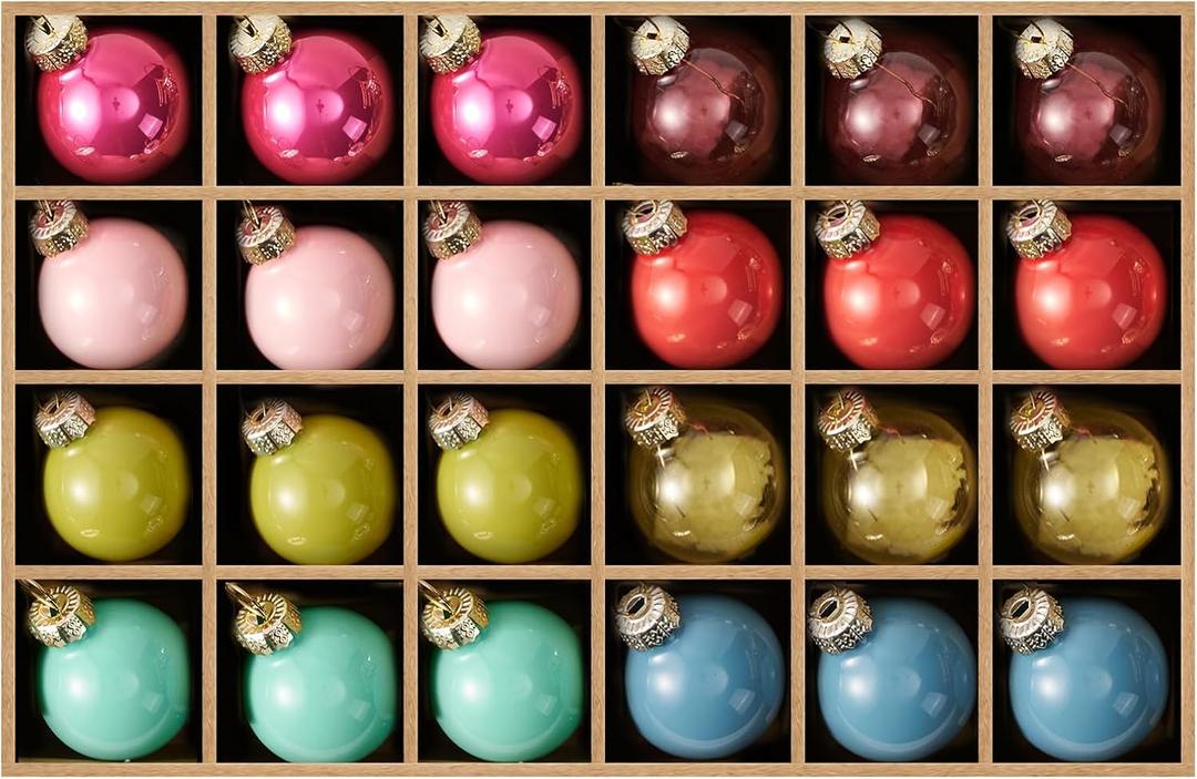 WDS WONDROUS Glass Christmas Ball Ornaments Set of 24, Pink & Blue & Green & Brown Christmas Ornaments, Small Hanging Ball Ornament Set for Holiday Decor, Fall & Winter Decor Xmas Decorations Party (Colorful2)