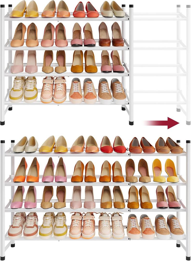 Tajsoon Expandable Shoe Rack for Closet 4 Tier, 29-41 Adjustable & Stackable Shoe Shelf Storage, Metal Shoe Rack Organizer for Front Door Entrance, Closet, Garage, Entryway, White