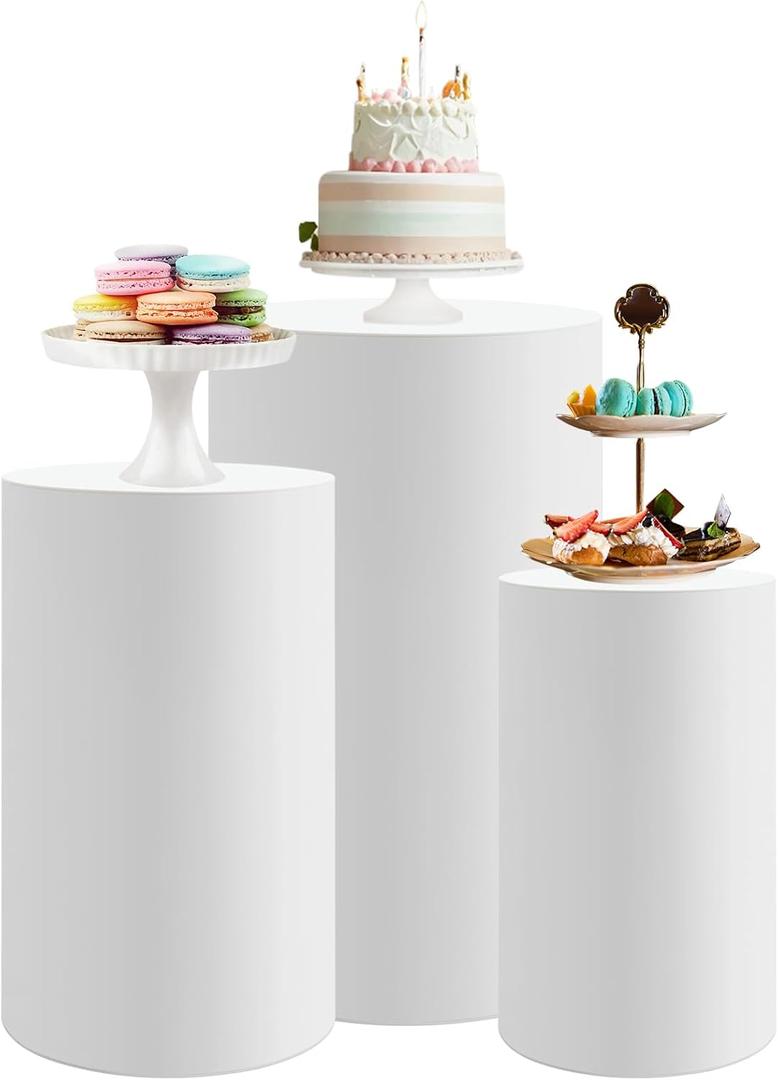 3 Pcs Cylinder Stands for Party, Large White Cake Pedestal Stand, Round Reusable Dessert Display Tables for Birthday Wedding Baby Shower Party Decoration