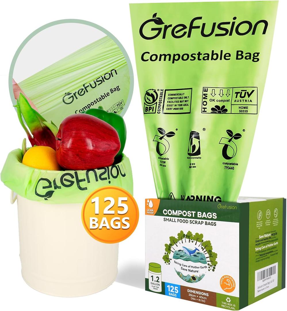 (Include 100+25 Bonus Bags) GreFusion Compostable Bags 1.2-1.6 Gallon,Fits 0.75,1,1.2,1.3,1.8 Gallon Countertop Bin,Certified by BPI,ASTM D6400 and OK Compost,125Count (100 + 25 Extra)