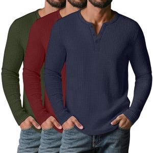 3 Pack Mens Waffle Henley Shirts, Long Sleeve Button Tops Casual Basic T-Shirts Lightweight Knit Pullover M