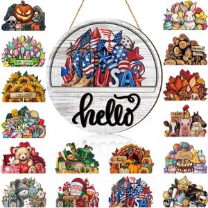 Yousoontic 17 Pcs 12 Inch Magnetic Welcome Door Sign Interchangeable Front Door Wreath Decor Rustic Seasonal Hanging Sign Patriotic Summer Decor for Home Warming Gift(Lovely Color,Hello)