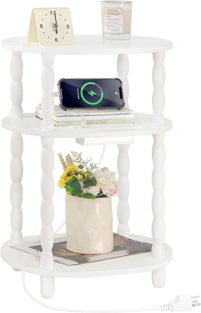 MaxSmeo White Side Table with Charging Station, 3-Tier Small Oval End Table with USB Ports and Outlets, Modern Night Stand Wood Accent Table for Living Room, Bedroom, White